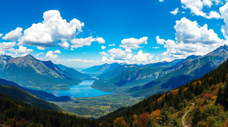 Panoramic view of the lake and mountains in the autumn.の写真素材