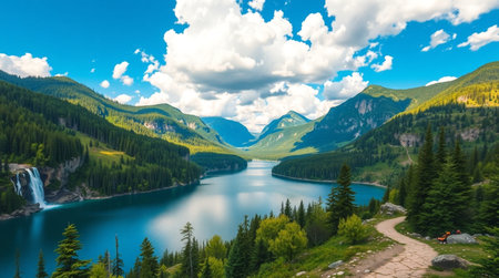Panoramic view of turquoise mountain lake in summerの写真素材