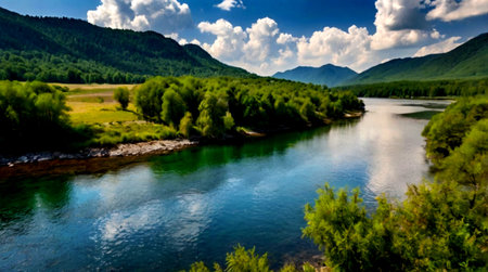 Panoramic view of the Katun river, Altai Republic, Russiaの写真素材