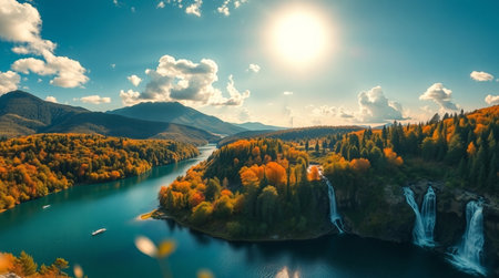 Autumn landscape with waterfalls. Panoramic aerial view.の写真素材