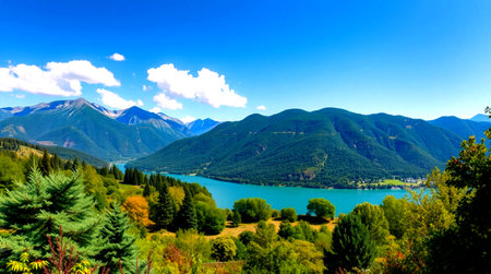 Beautiful alpine landscape with lake, mountains and blue sky.の写真素材