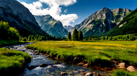 Mountain river in the valley. Beautiful summer landscape with mountains.