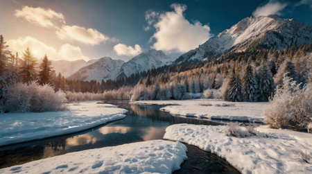 Beautiful winter landscape with river and snow-capped mountains.の写真素材