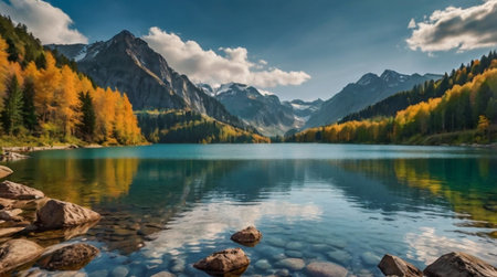 Panoramic view of alpine lake in autumn, Dolomites, Italyの写真素材