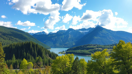 panoramic view of the mountains and the lake in the summerの写真素材