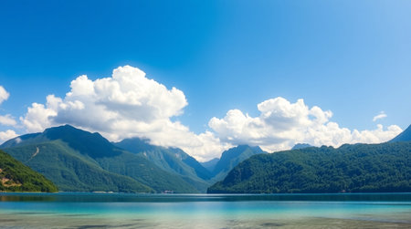 Beautiful view of the mountain lake. Summer landscape. Panoramaの写真素材