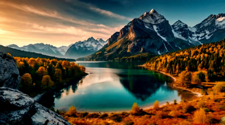 Beautiful mountain lake with reflection of mountains in the lake. Autumn landscape.の写真素材