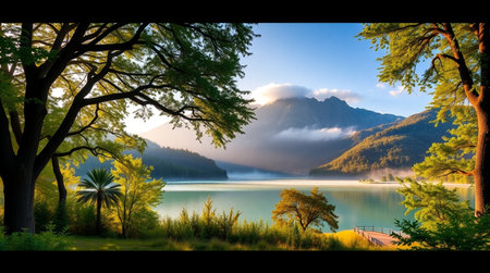 Beautiful view of a lake in the mountains. Panorama.の写真素材