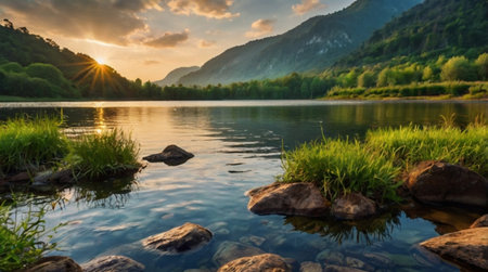 Beautiful landscape with lake and mountains in the background at sunset.の写真素材