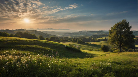 Beautiful summer landscape with green meadow and trees at sunrise.