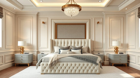 3d rendering luxury classic bedroom suite in beige color with wood floor