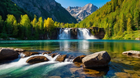 Beautiful alpine lake with waterfall and rocks. Picturesque mountain landscape.の写真素材
