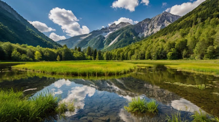 Panoramic view of the alpine lake in the Alps.の写真素材