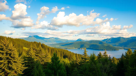 panoramic view of alpine lake and mountains in the distanceの写真素材