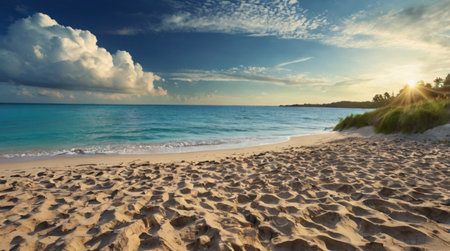 Beautiful tropical beach at sunset. Panoramic view of the sandy beach.の写真素材