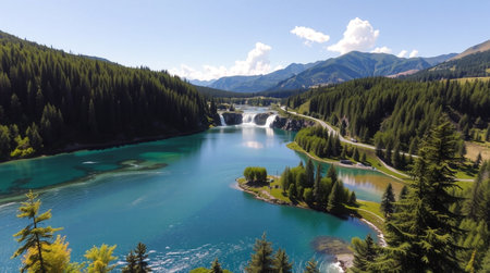 Aerial view of the turquoise emerald water of the riverの写真素材