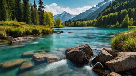 Mountain landscape with a river in the Altai Republic, Russiaの写真素材