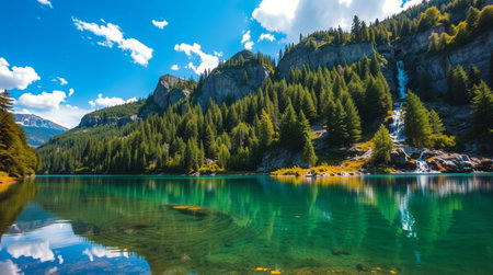 Panoramic view of beautiful turquoise water of the Braies lake, Dolomites, Italyの写真素材