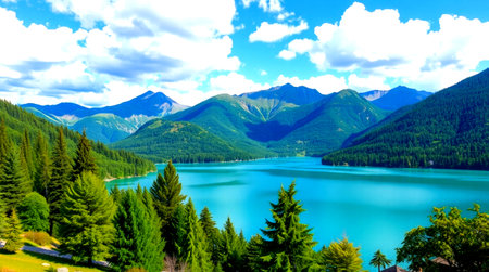 Landscape view of alpine lake and blue sky with white cloudsの写真素材