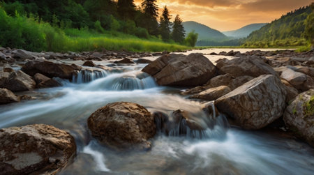 Mountain river in the Ukrainian Carpathian Mountains at sunset.の写真素材