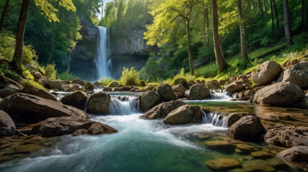 Beautiful waterfall in green forest. Waterfall in the forest.の写真素材