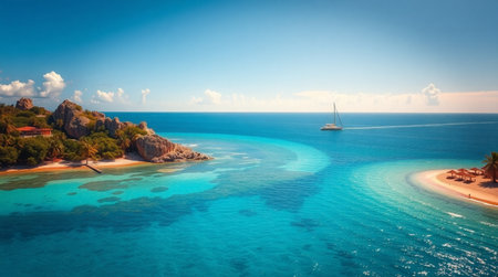 Aerial view of beautiful tropical beach at Seychelles.の写真素材