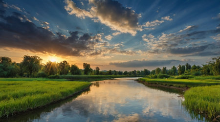 Beautiful sunset over the river and rice fields in the countryside.の写真素材