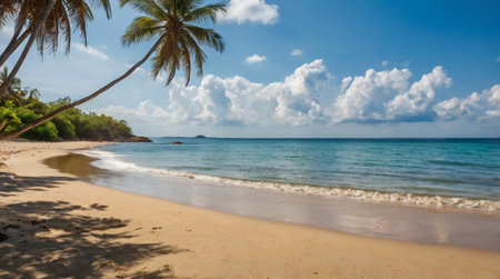 Tropical beach with palm trees at Seychelles.の写真素材