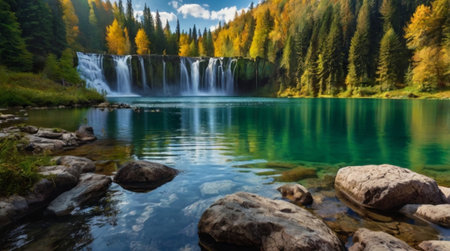 Waterfall in the autumn forest. Landscape of a mountain lake.の写真素材