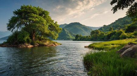 panoramic view of the river and the forest in the mountainsの写真素材