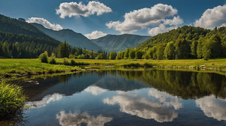 panorama of a mountain lake in the Carpathian Mountains, Ukraineの写真素材