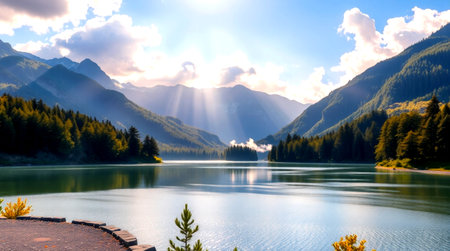 Beautiful alpine lake with crystal clear water and mountains in backgroundの写真素材