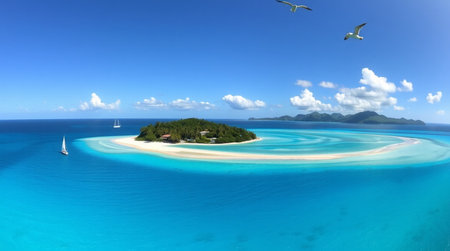 Aerial view of a tropical island with white sand, turquoise water and blue sky.の写真素材
