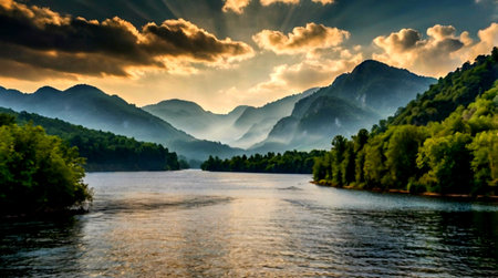 Sunset on the river and mountains in the background. Landscape.