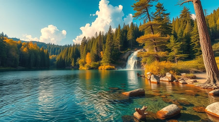 Autumn alpine lake with waterfall and pine trees. Panoramaの写真素材