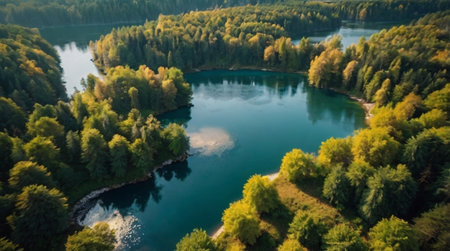 Aerial view of beautiful lake with green forest. Nature composition.