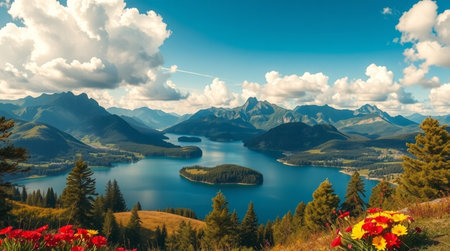 Panoramic view of beautiful lake with mountains in the background.の写真素材