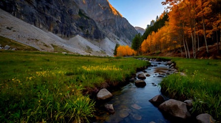 Mountain river in the autumn. Landscape with a mountain river.