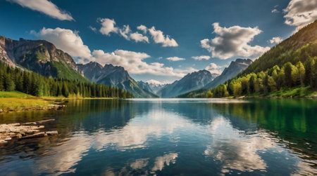 Panoramic view of the beautiful lake in Dolomites, Italyの写真素材