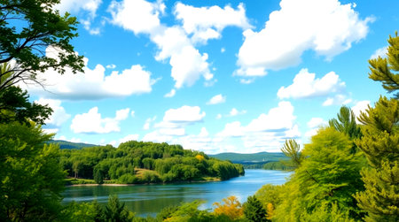 Scenic view of river and forest on sunny day. Beautiful nature background.の写真素材