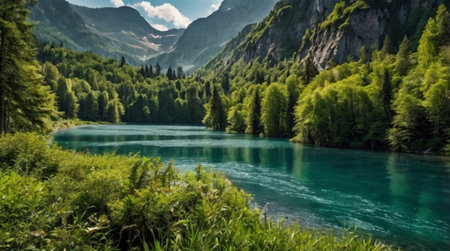 Panoramic view of turquoise colored lake in the Alps