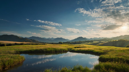 Landscape of meadows and mountains at sunset. Nature composition.の写真素材