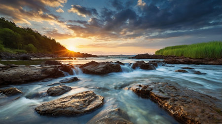 Beautiful sunset over a mountain river in summer. Dramatic sky, long exposureの写真素材
