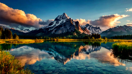 Mount Rainier reflected in the waterの写真素材