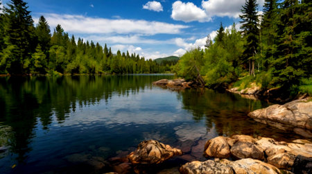 Panoramic view of a mountain lake with reflections in it.の写真素材