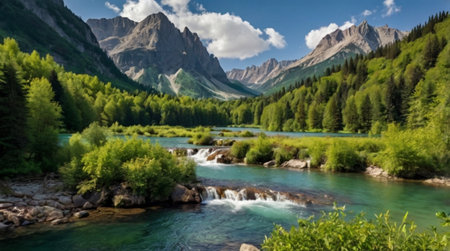 Panoramic view of the mountain river in the Altai mountains.の写真素材