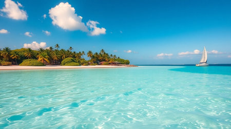Beautiful tropical Maldives island with beach, sea and coconut palm treeの写真素材