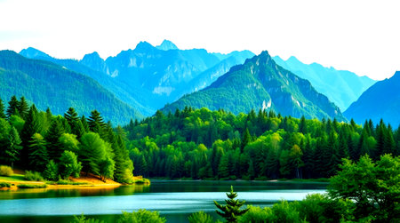 Mountain landscape with lake and forest in the morning, Bavaria, Germany