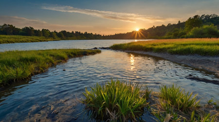 Sunset over the river in the summer. Landscape with a river in the summer.
