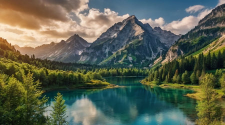 Panoramic view of the alpine lake in Bavaria, Germanyの写真素材